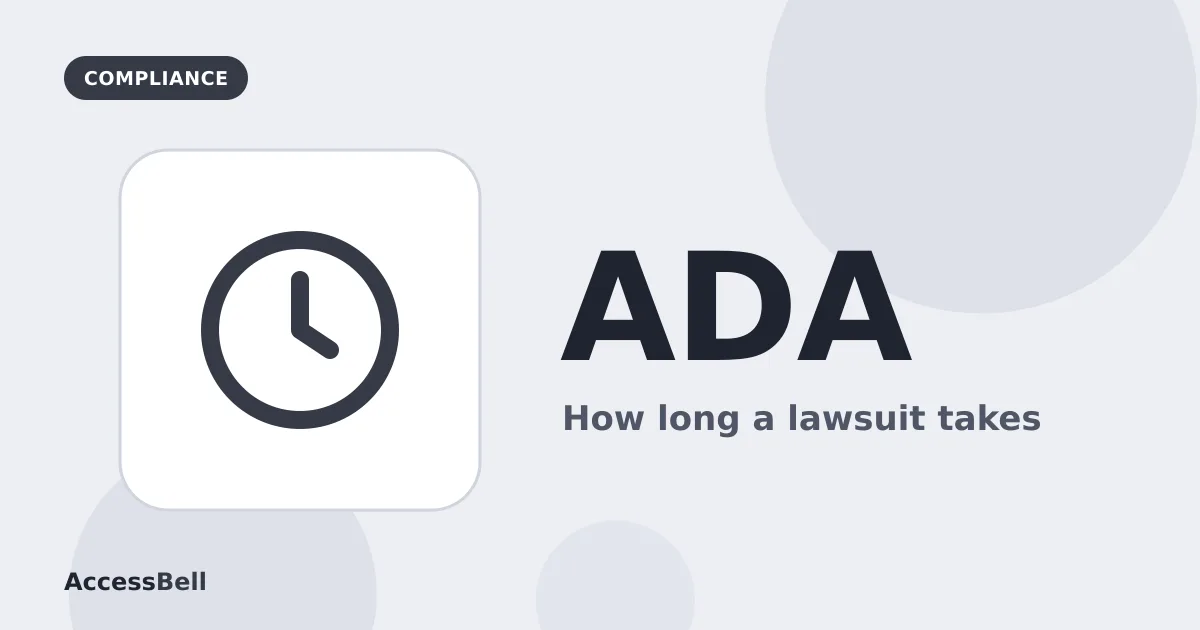 Illustration: a clock icon, with ADA and How long a lawsuit takes